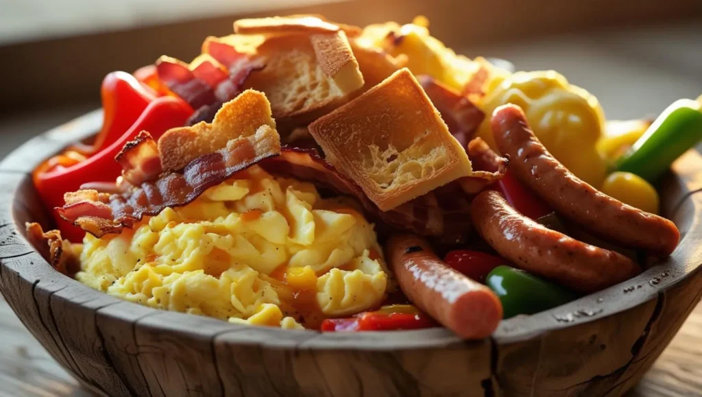 A hearty bowl filled with crispy potatoes, scrambled eggs, avocado slices, melted cheese, and bacon, served with a fork and napkin. A cozy, comforting dinner idea inspired by breakfast favorites.