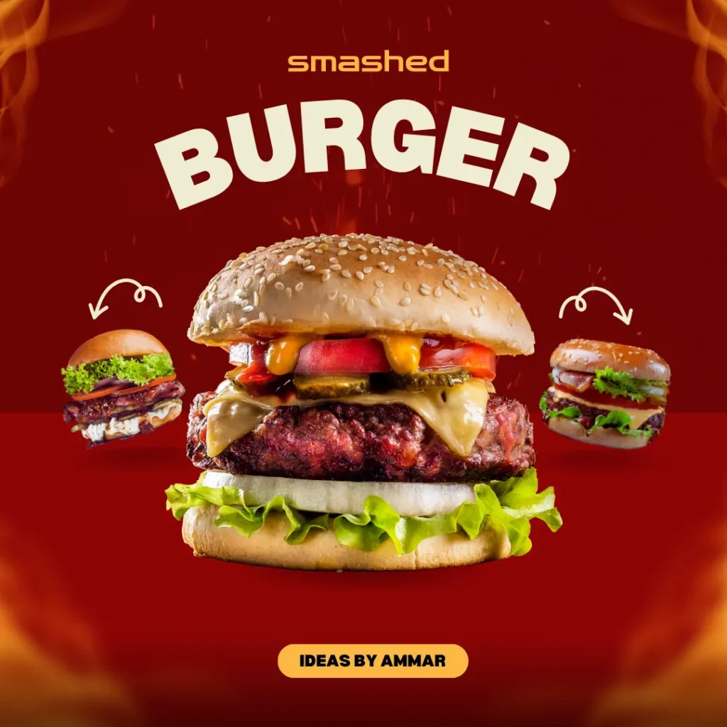 A close-up of a homemade smash burger with melted cheese, pickles, and toasted bun on a cast iron skillet.

