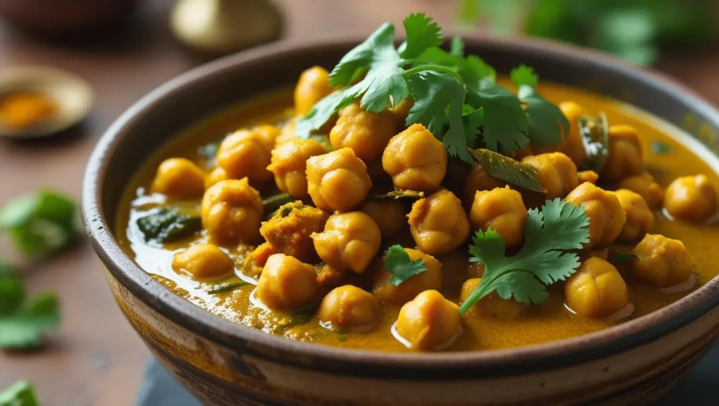 A bowl of creamy chickpea curry garnished with herbs, served with rice on the side—rich in color with a golden yellow curry sauce
