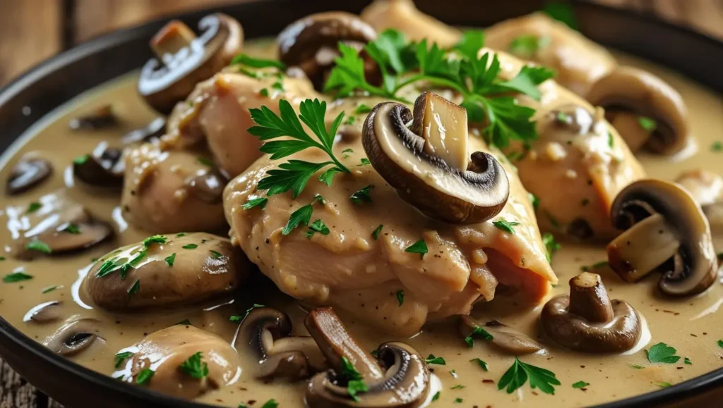 Creamy mushroom chicken served with herbs – a quick dinner recipe.