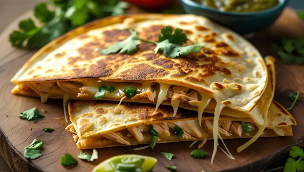 Golden brown quesadillas stuffed with melted cheese, bell peppers, and mushrooms, cut into triangles.

