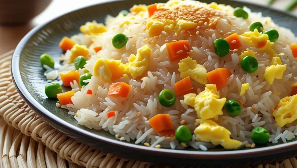 A bowl of golden egg fried rice garnished with chopped green onions and colorful vegetables, served with chopsticks on the side.

