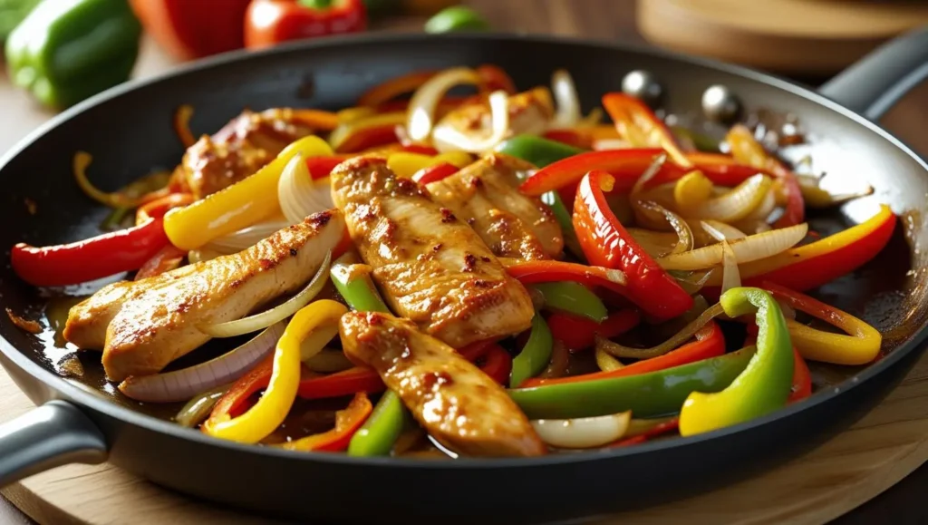 Sizzling chicken fajitas with peppers and onions – easy and quick dinner recipe.