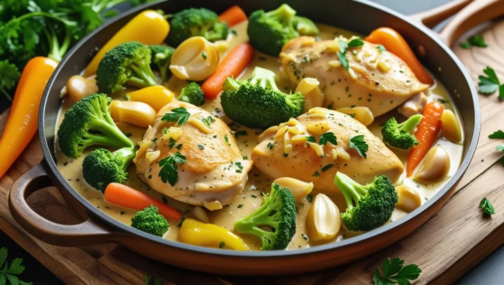 One-pan creamy garlic chicken with broccoli and carrots in a skillet, simmered in a rich cream sauce and seasoned with herbs included in best dinner ideas