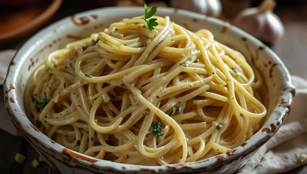 Creamy garlic butter pasta served in a skillet, garnished with parsley and parmesan cheese.

