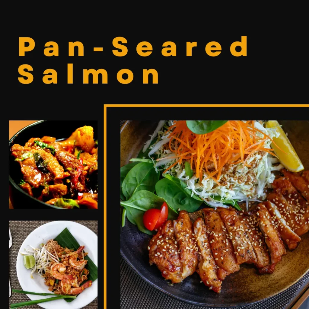 Golden pan-seared salmon fillet topped with lemon dill sauce – a healthy dinner for two.

