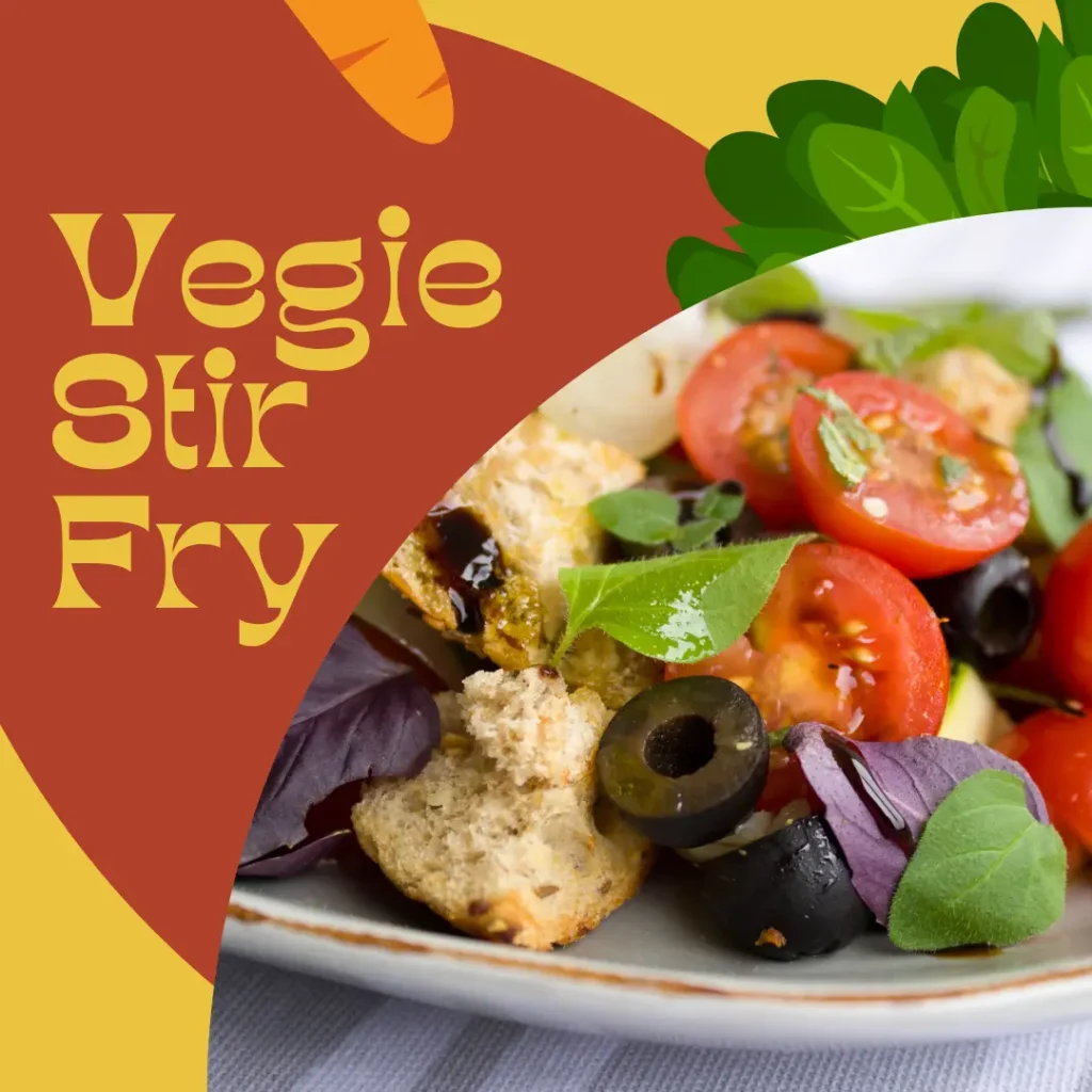 Tofu stir fry with bell peppers, carrots, snap peas, and broccoli in sesame-soy sauce.


