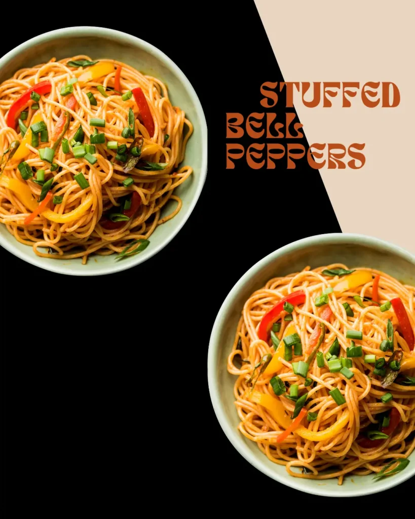 Two colorful bell peppers stuffed with seasoned meat and rice, baked with cheese – a filling dinner for two.

