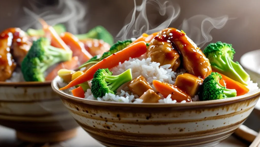 Teriyaki chicken rice bowl with grilled chicken pieces glazed in teriyaki sauce, served with steamed broccoli, carrots, and white rice in a bowl.

