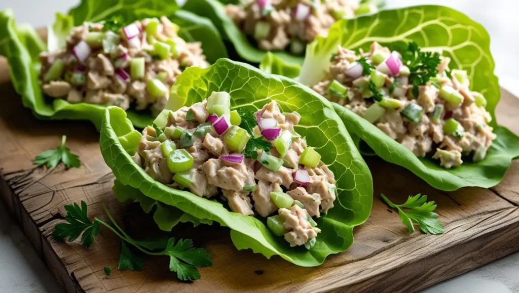 Fresh romaine lettuce wraps filled with tuna salad, garnished with cucumber slices and lemon.

