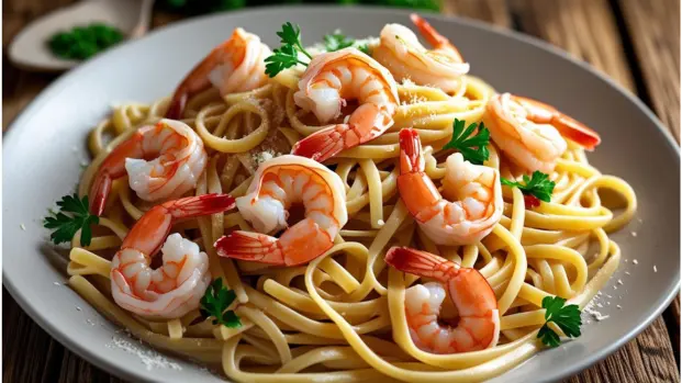 Garlic butter shrimp pasta served in a bowl – a perfect quick dinner idea.