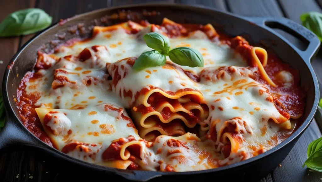 Lazy lasagna skillet with broken lasagna noodles, ground beef, marinara sauce, and melted cheese in a cast-iron pan included in best dinners